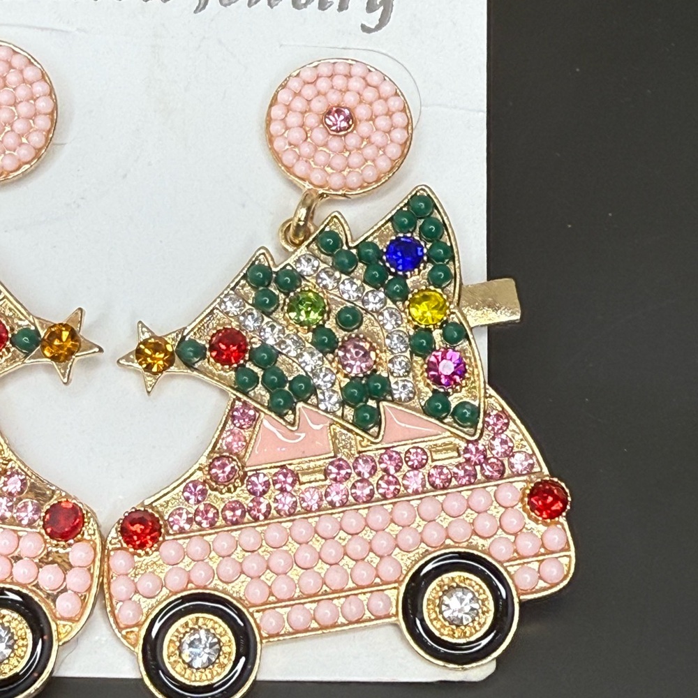 NWT Pink Christmas Truck Tree Rhinestone Dangle Earrings - Picture 3 of 4